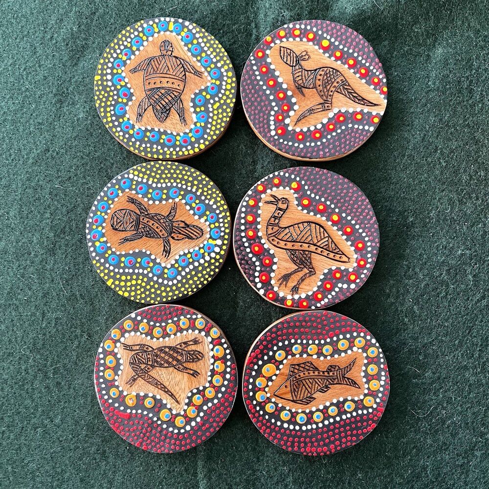 Set Of 6 Aboriginal Wooden Engraved Animal Coasters Drink Beer Holders 3.5"